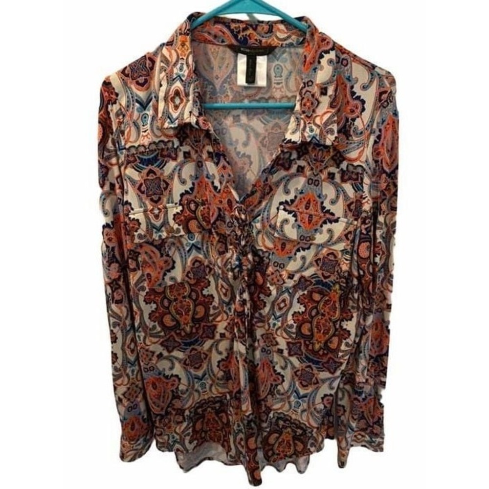 BCBGMaxAzria Women's Paisley Print Long Sleeve Button Down Blouse Size XL